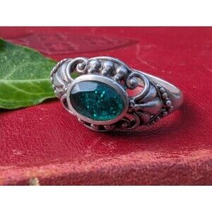 Vintage Green Glitter Sterling Ring Size 8